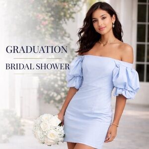 Petal & Pup Baby Blue Puff Sleeve Mini Dress | Bridal Shower S